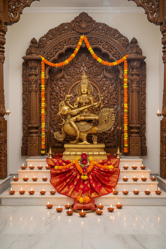 Handcrafted Brass Goddess Saraswati Statue on Swan for Home Temple Decor-ArtyCraftz.com