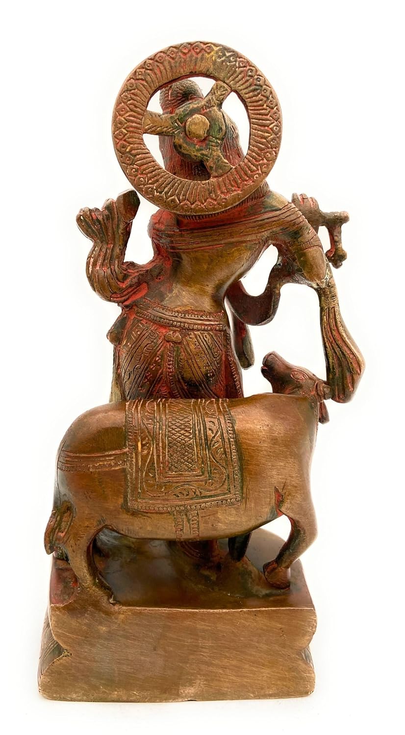 Handcrafted Brass Krishna Playing Flute with Cow Statue Back view-ArtyCraftz.com