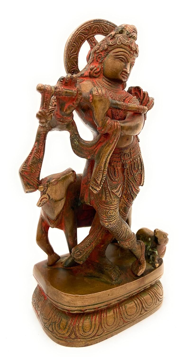 Handcrafted Brass Krishna Playing Flute with Cow Statue Left View-ArtyCraftz.com