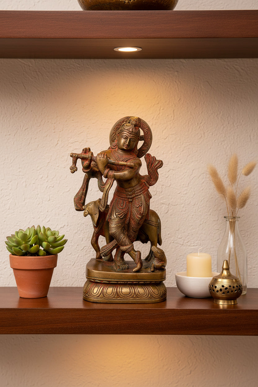 Handcrafted Brass Krishna Playing Flute with Cow Statue-ArtyCraftz.com