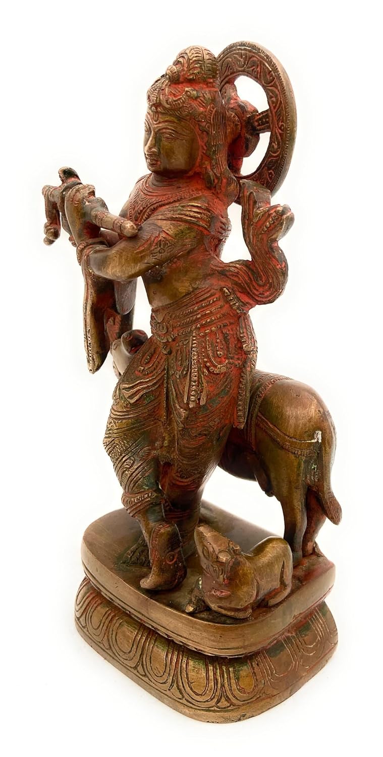 Handcrafted Brass Krishna Playing Flute with Cow Statue Right View-ArtyCraftz.com
