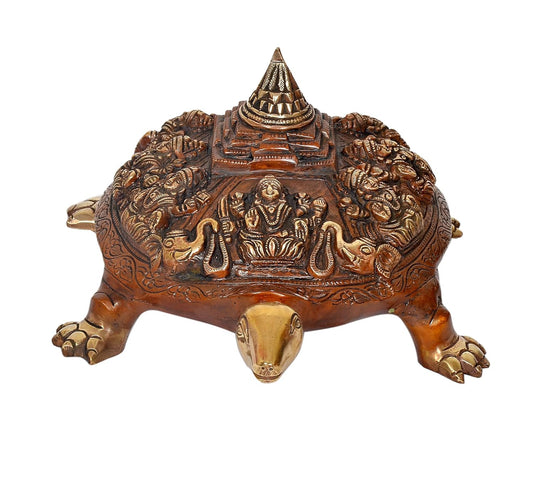 Handcrafted Brass Kurma Tortoise with Ashta Lakshmi & Sri Yantra Front View-ArtyCraftz.com