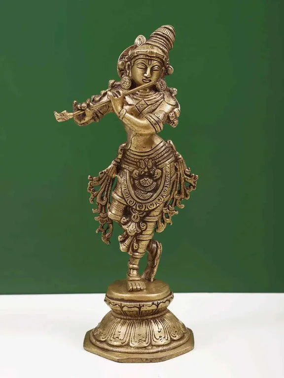 Handcrafted Brass Lord Krishna Playing Flute Idol 9 Inches-ArtyCraftz.com