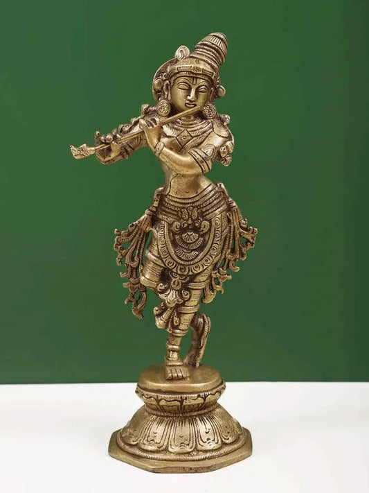 Handcrafted Brass Lord Krishna Playing Flute Idol 9 Inches-ArtyCraftz.com