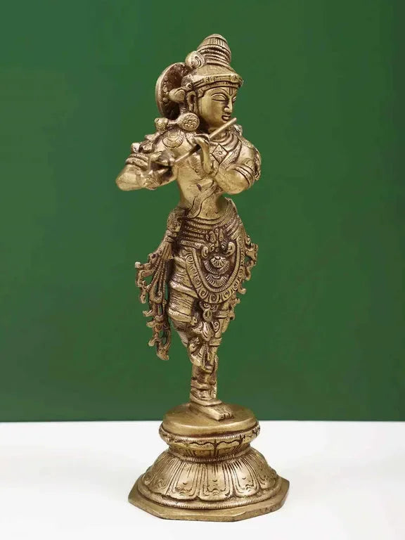 Handcrafted Brass Lord Krishna Playing Flute Idol 9 Inches-ArtyCraftz.com