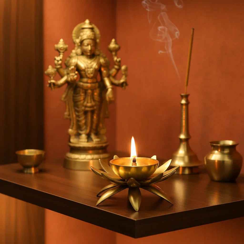 Handcrafted Brass Lotus Diya – Decorative Oil Lamp for Home & Pooja
