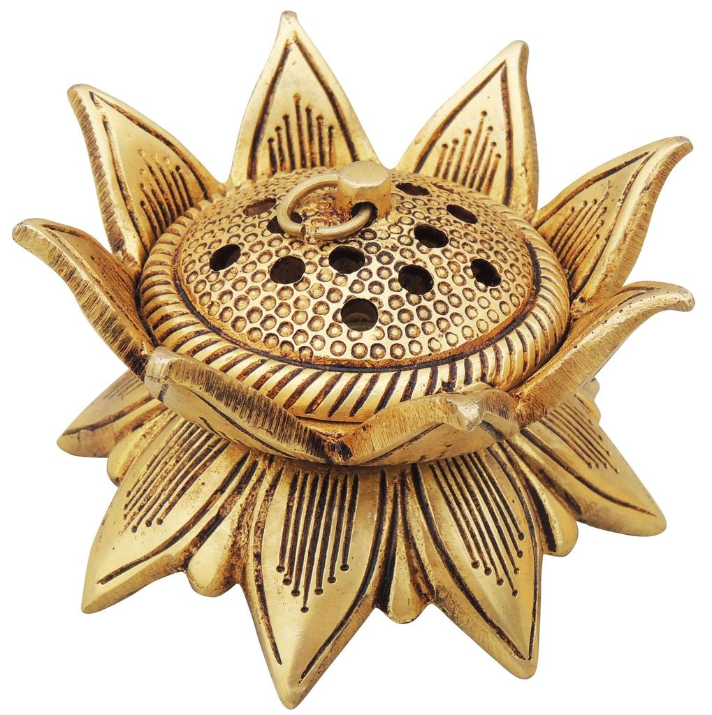 Handcrafted Brass Lotus Incense Burner Closeup View-ArtyCraftz.com