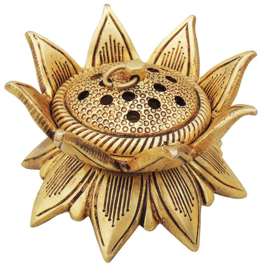 Handcrafted Brass Lotus Incense Burner Closeup View-ArtyCraftz.com