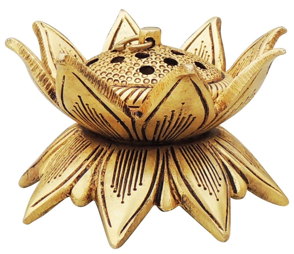 Handcrafted Brass Lotus Incense Burner Side View-ArtyCraftz.com