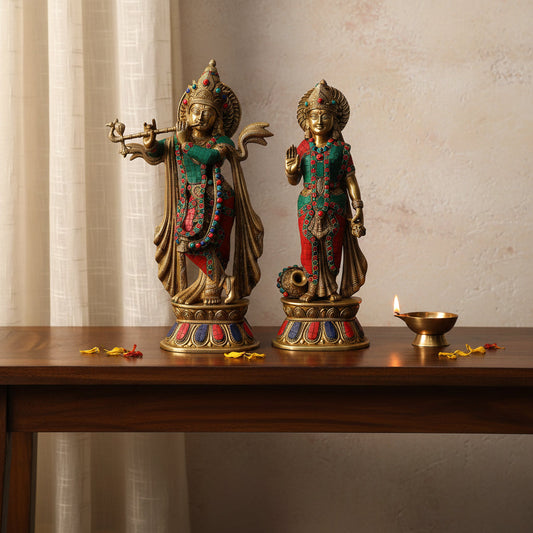 Handcrafted Brass Multicolor Krishna with Radha Statue - ArtyCraftz.com