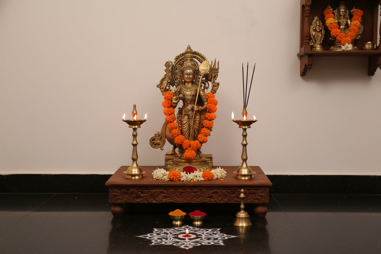Handcrafted Brass Murugan Statue with Peacock-ArtyCraftz.com