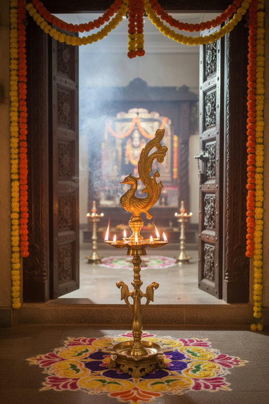 Handcrafted Brass Peacock Deepam with Five Wick Holders-ArtyCraftz.com
