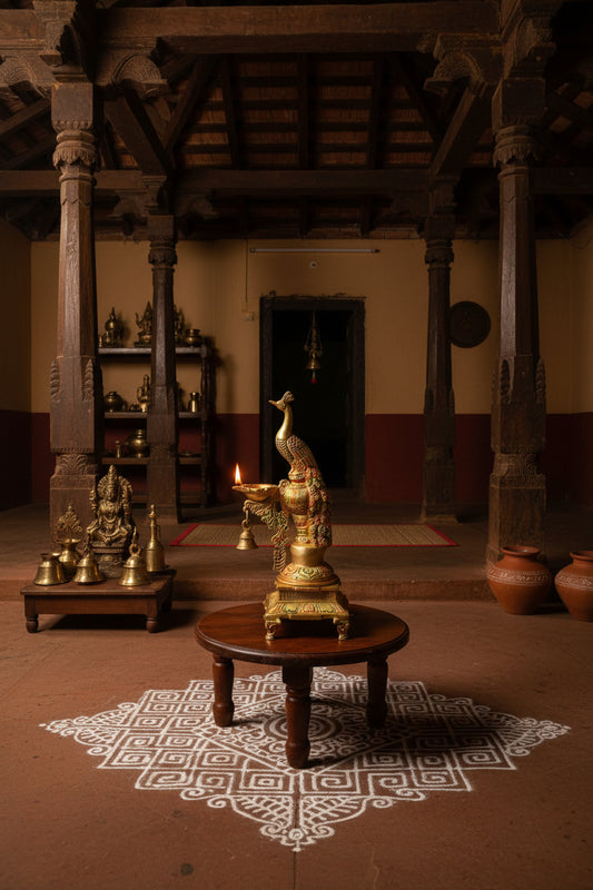 Handcrafted Brass Peacock Diya Lamp with Bell Main View - ArtyCraftz.com