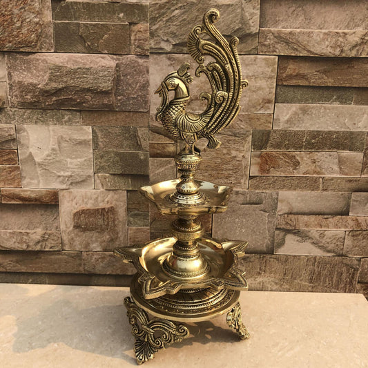 Handcrafted Brass Peacock Diya Lamp for Home Decor and Gifting 7.5*7.5*16.5 Inches