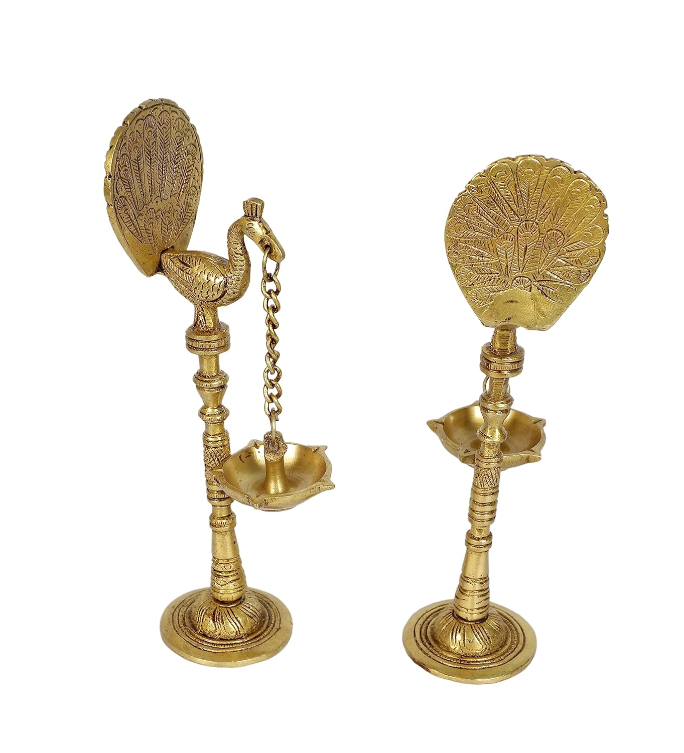Handcrafted Brass Peacock Hanging Diya Lamp Set of 2 Side View-ArtyCraftz.com