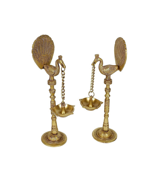 Handcrafted Brass Peacock Hanging Diya Lamp Set of 2 Main View-ArtyCraftz.com