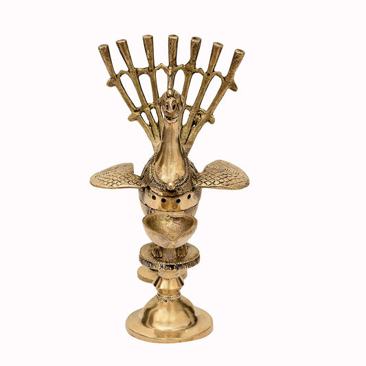 Handcrafted Brass Peacock Incense Burner with Diya Main Image-ArtyCraftz.com