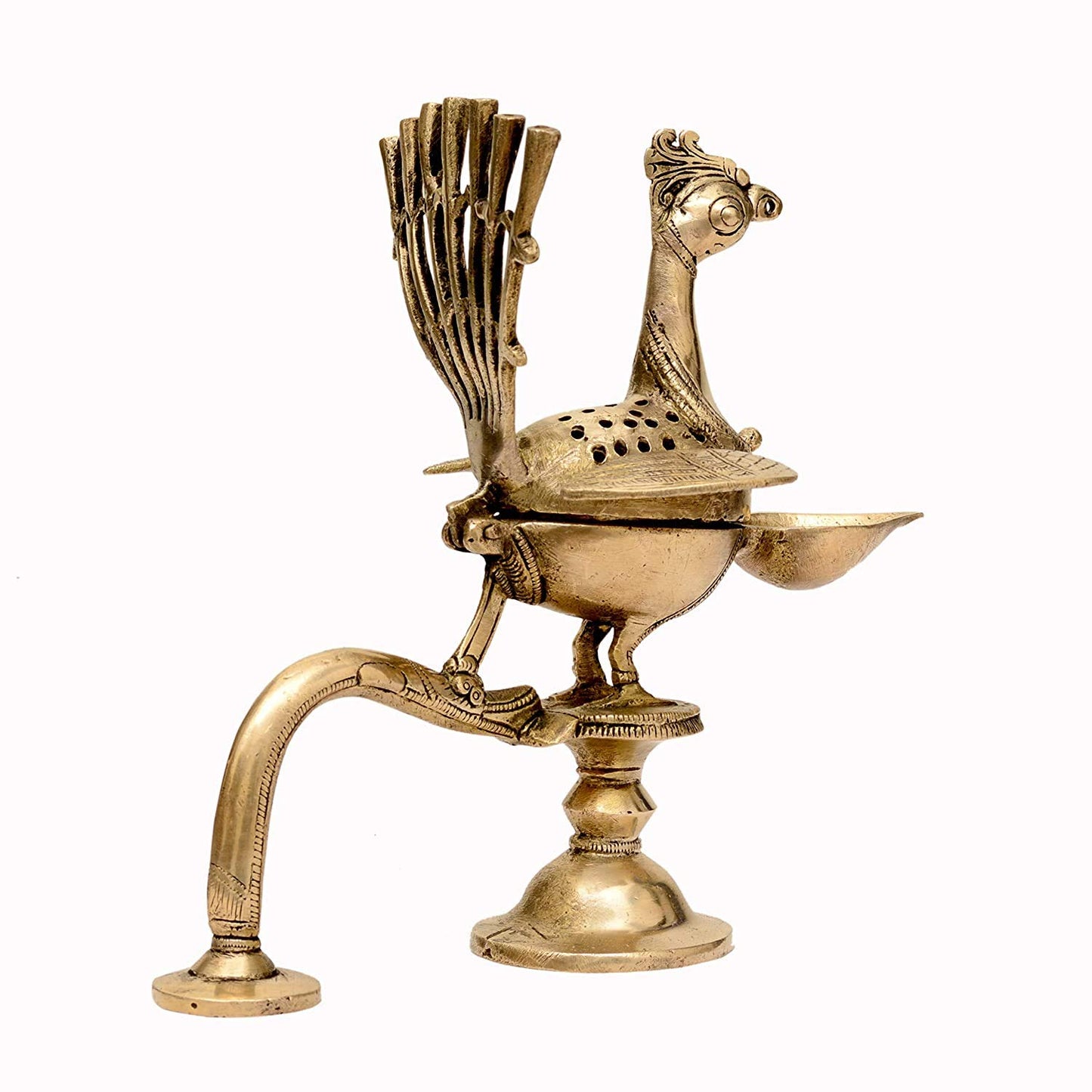 Handcrafted Brass Peacock Incense Burner with Diya Left View-ArtyCraftz.com