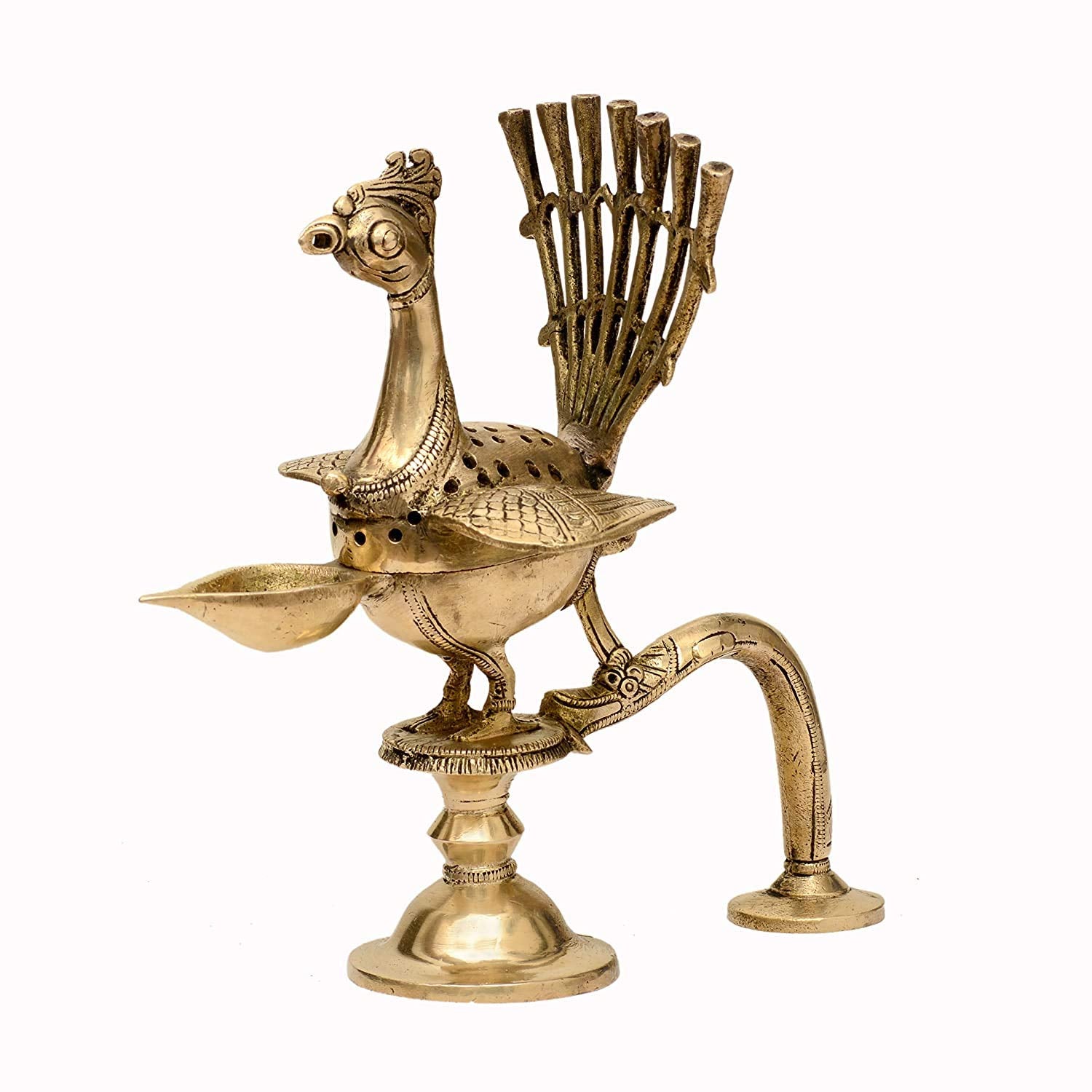 Handcrafted Brass Peacock Incense Burner with Diya Right View-ArtyCraftz.com