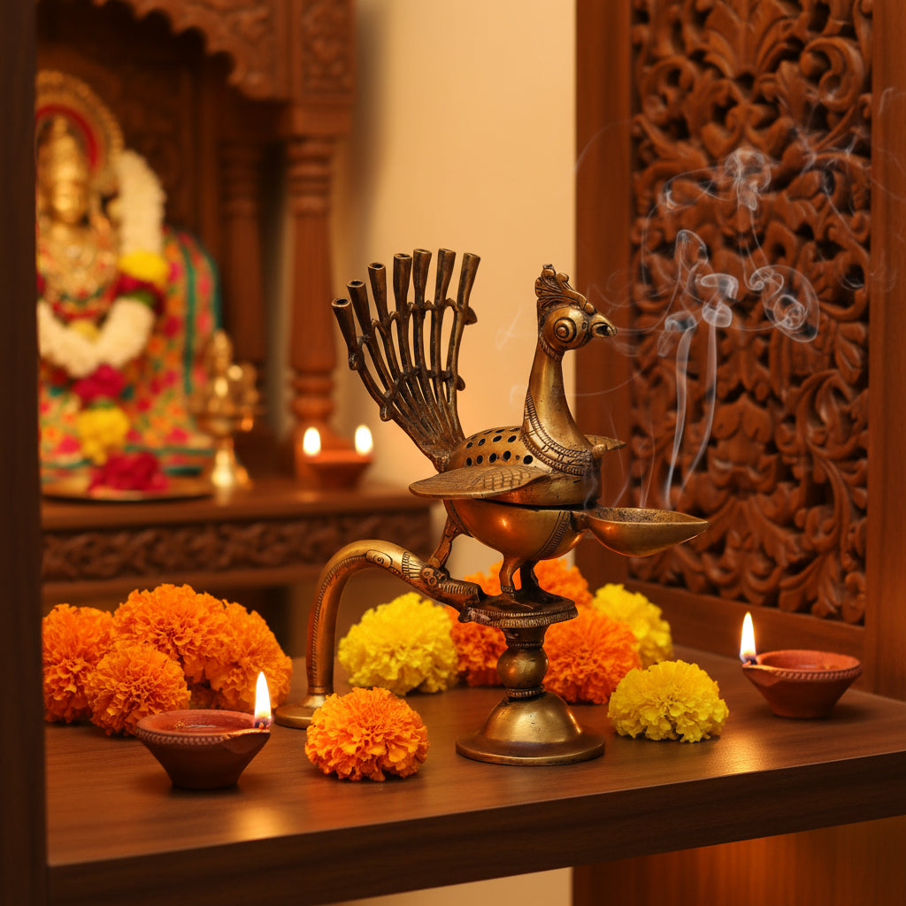 Handcrafted Brass Peacock Incense Burner with Diya-ArtyCraftz.com