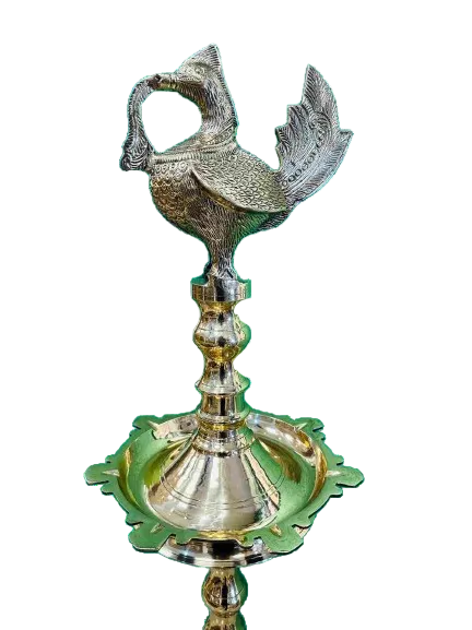 Handcrafted Brass Peacock Nilavilakku Standing Oil Lamp Close View-ArtyCraftz.com