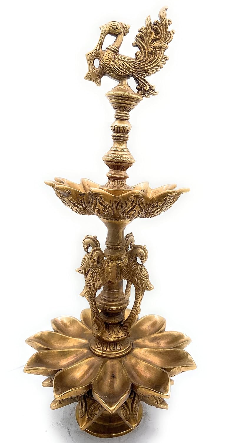 Handcrafted Brass Peacock Nilavilakku with lotus base Main View-ArtyCraftz.com