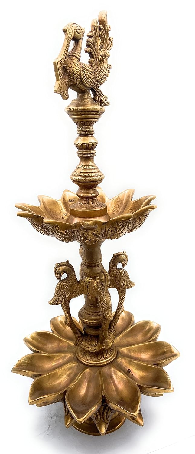 Handcrafted Brass Peacock Nilavilakku with lotus base Left View-ArtyCraftz.com