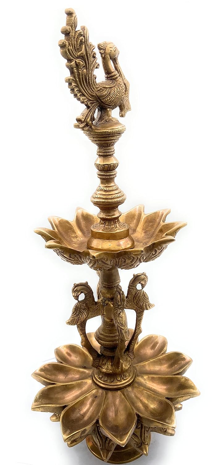 Handcrafted Brass Peacock Nilavilakku with lotus base Right View-ArtyCraftz.com