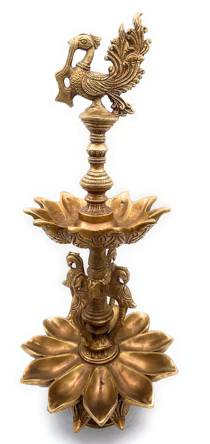 Handcrafted Brass Peacock Nilavilakku with lotus base Side View-ArtyCraftz.com