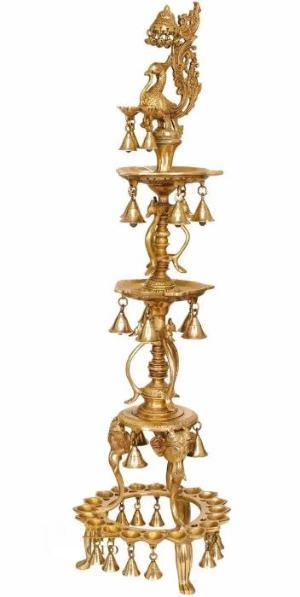 Handcrafted Brass Peacock Oil Lamp with Bells – 41 Inch-ArtyCraftz.com