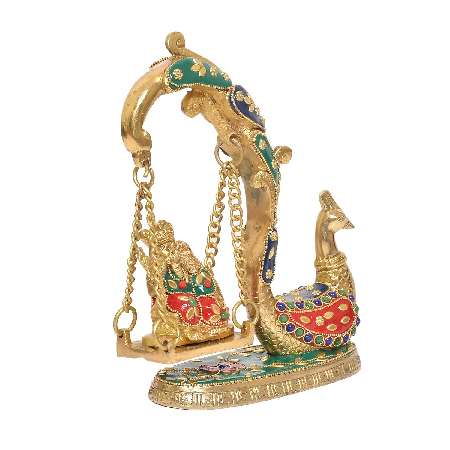 Handcrafted Brass Radha Krishna Swing Jhula with Peacock Design Left View-ArtyCraftz.com