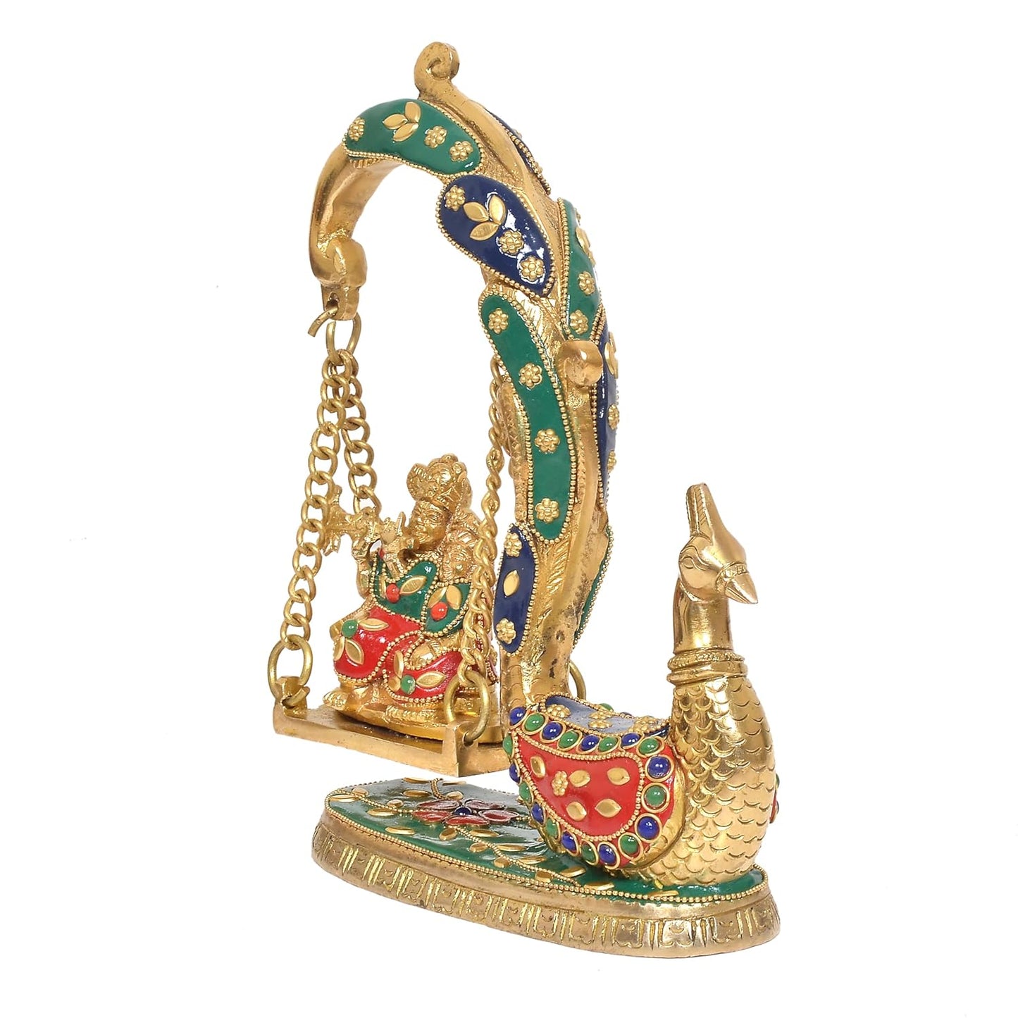 Handcrafted Brass Radha Krishna Swing Jhula with Peacock Design Right View-ArtyCraftz.com