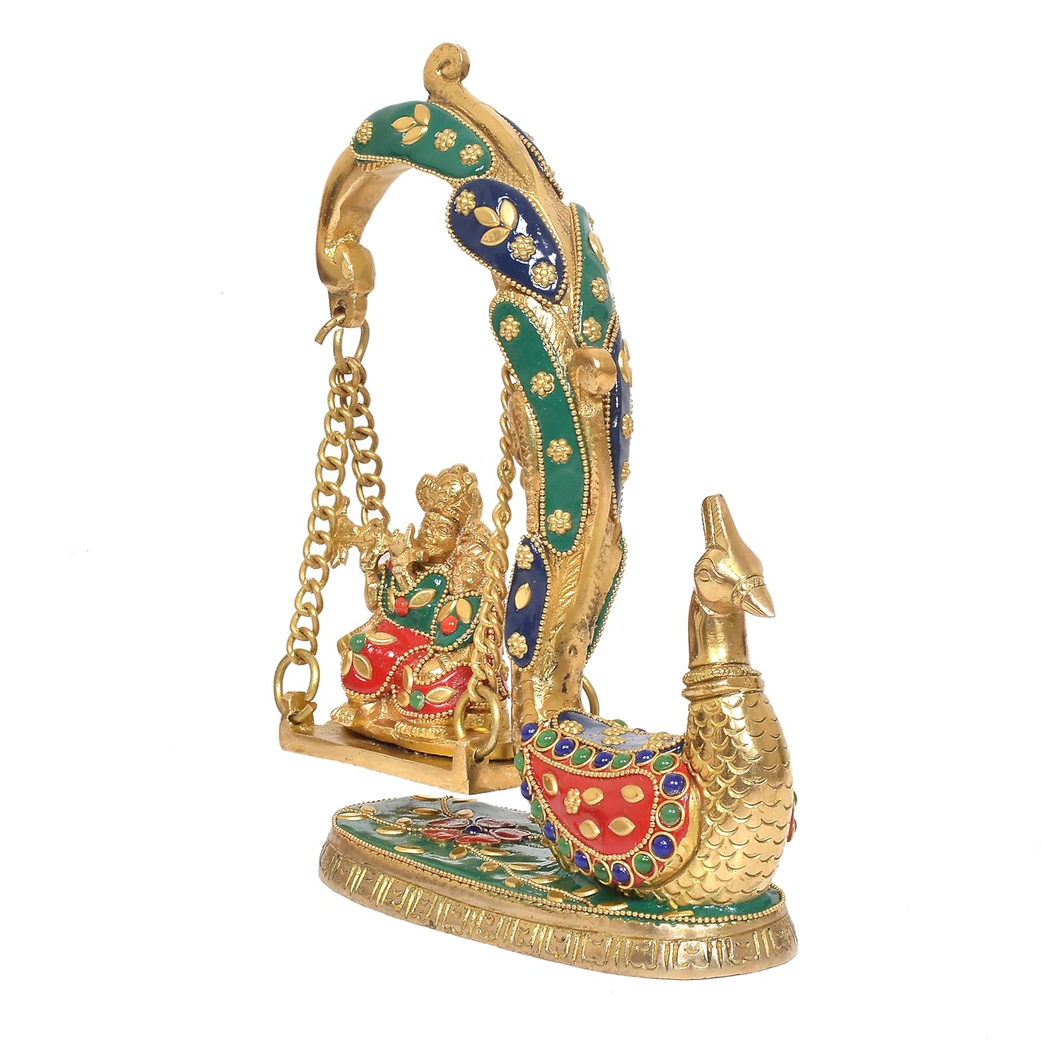 Handcrafted Brass Radha Krishna Swing Jhula with Peacock Design Right View-ArtyCraftz.com