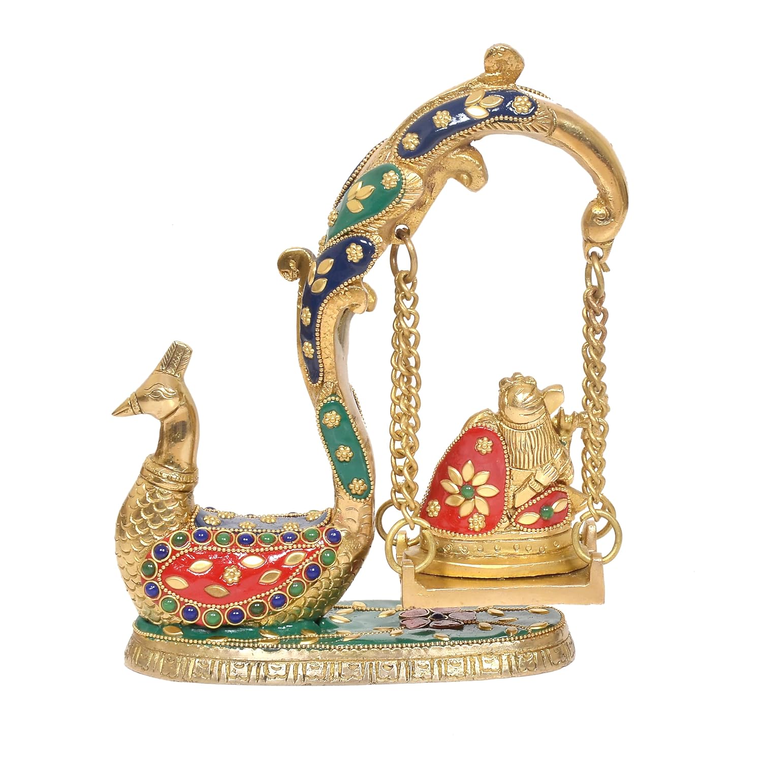 Handcrafted Brass Radha Krishna Swing Jhula with Peacock Design Back View-ArtyCraftz.com