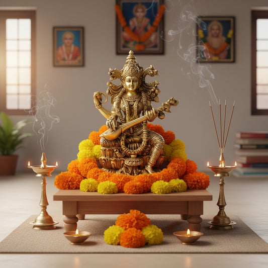 Handcrafted Brass Saraswati Statue with Veena 15 Inches-ArtyCraftz.com
