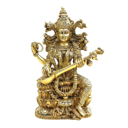 Handcrafted Brass Saraswati Statue with Veena 15 Inches-ArtyCraftz.com