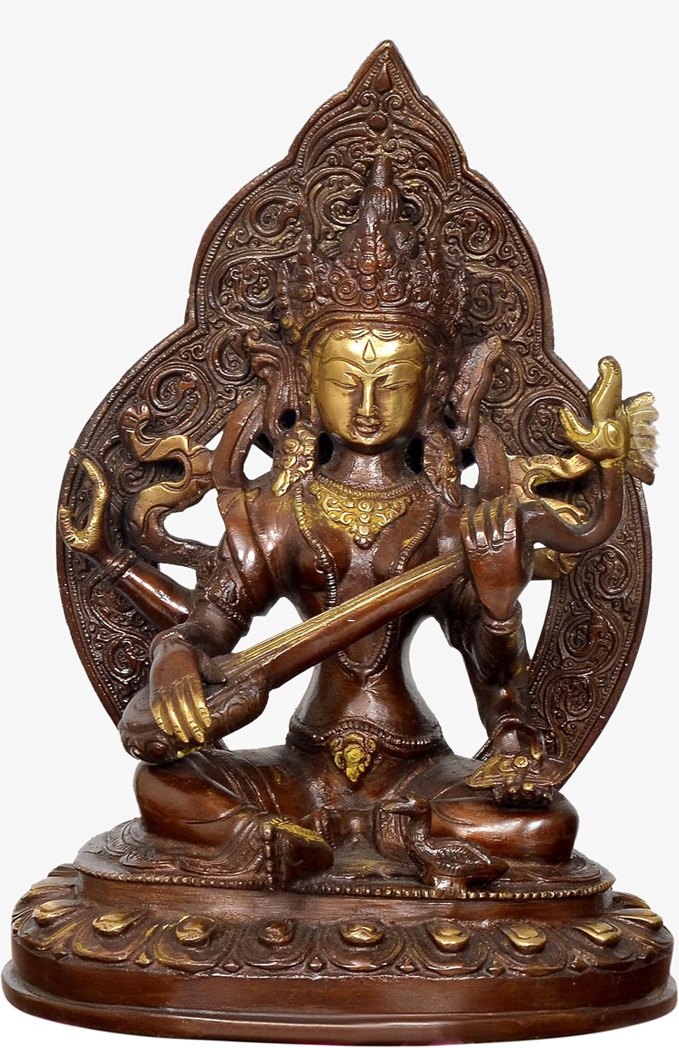 Handcrafted Brass Saraswati Statue with Veena for Home Temple-ArtyCraftz.com