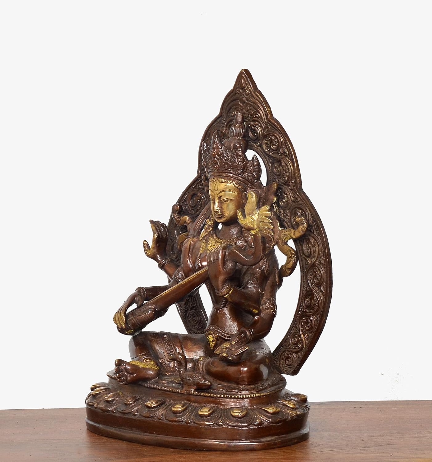 Handcrafted Brass Saraswati Statue with Veena for Home Temple-ArtyCraftz.com