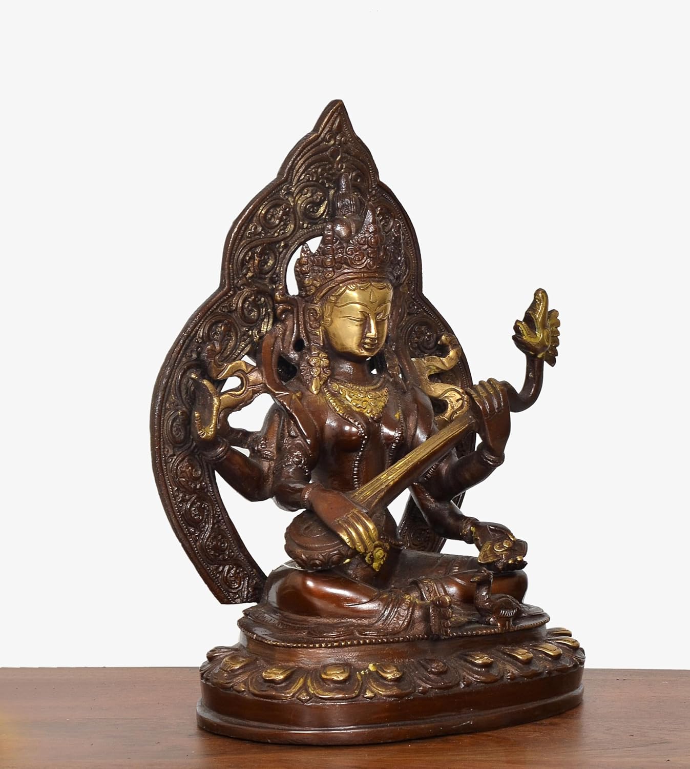 Handcrafted Brass Saraswati Statue with Veena for Home Temple-ArtyCraftz.com