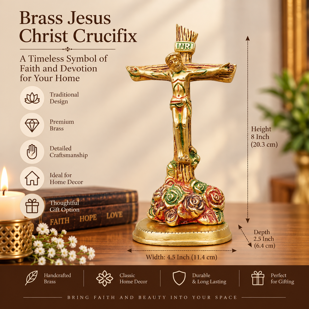 Handcrafted Brass Standing Crucifix Cross Statue Tabletop-artycraftz.com