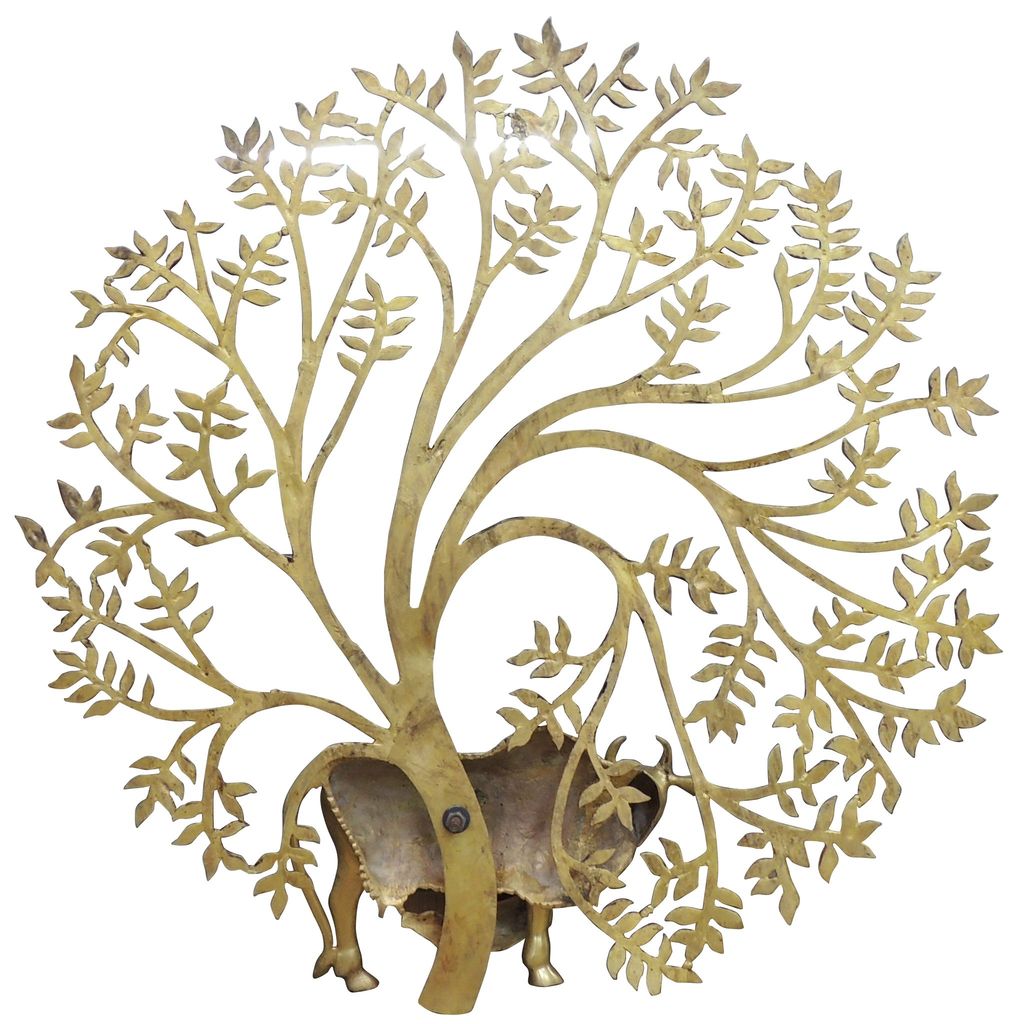 Handcrafted Brass Tree of Life with Cow and Calf Wall Art-ArtyCraftz.com