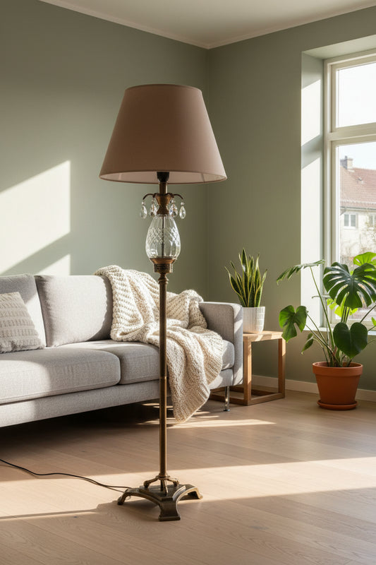 Batilde Pure Brass and Glass Floor Lamp With Brown Cotton Shade - ArtyCraftz.com