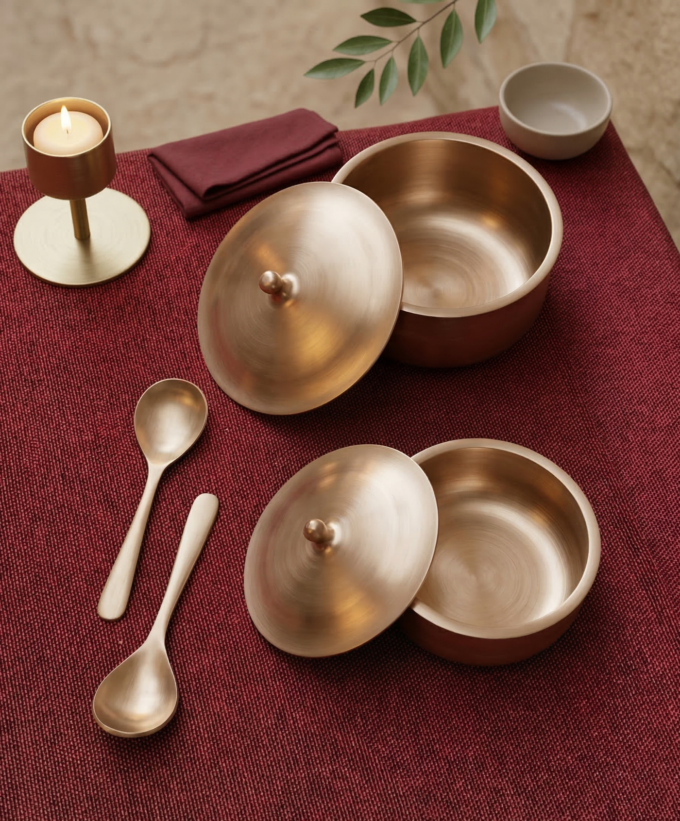 Handcrafted Bronze Serving Bowl Set with Lid & Spoons for Dining and Kitchen-ArtyCraftz.com