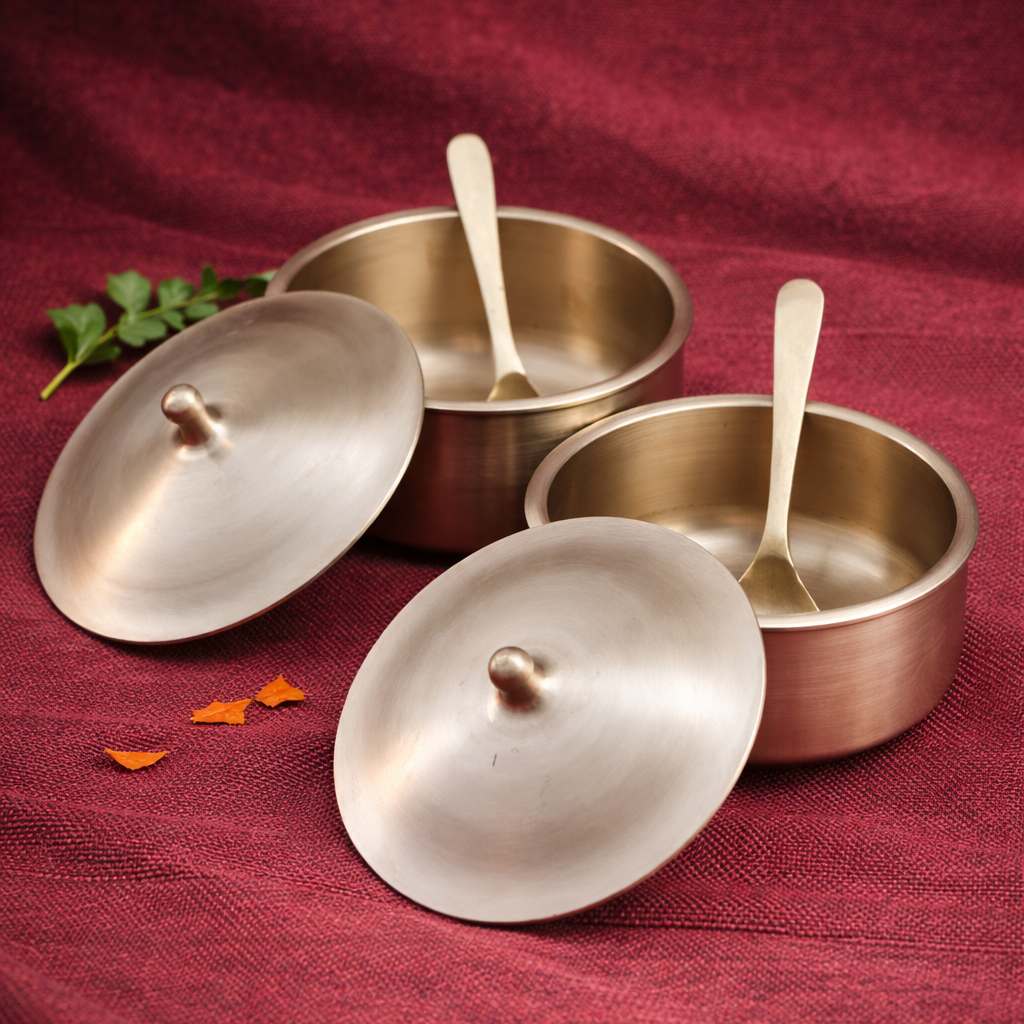 Handcrafted Bronze Serving Bowl Set with Lid & Spoons for Dining and Kitchen-ArtyCraftz.com