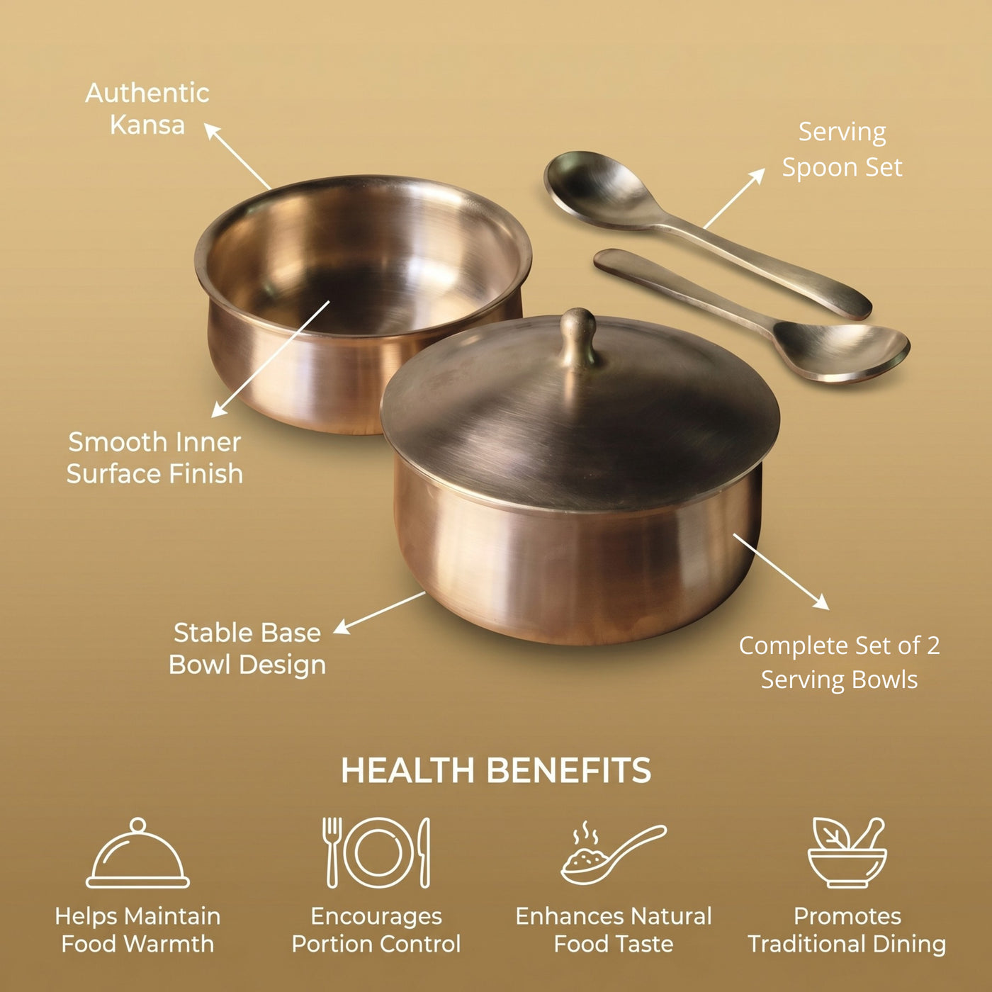 Handcrafted Bronze Serving Bowl Set with Lid & Spoons for Dining and Kitchen-ArtyCraftz.com