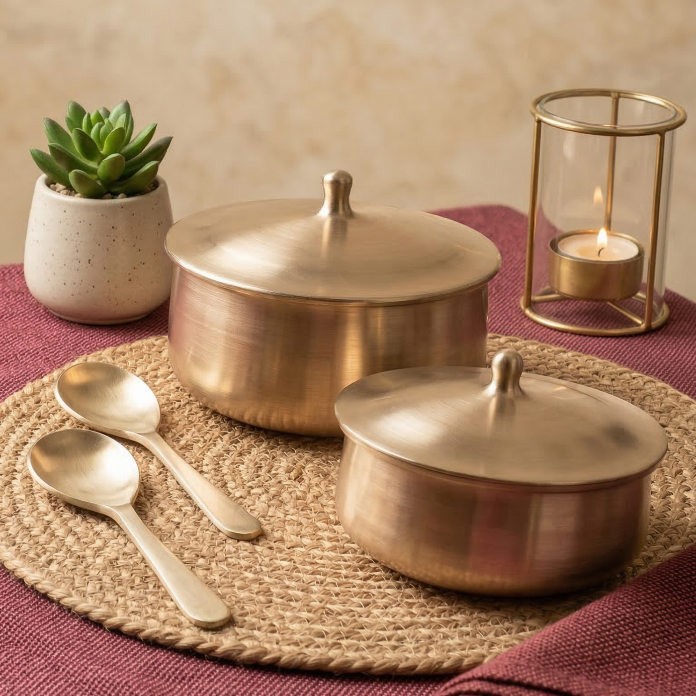 Handcrafted Bronze Serving Bowl Set with Lid & Spoons for Dining and Kitchen-ArtyCraftz.com