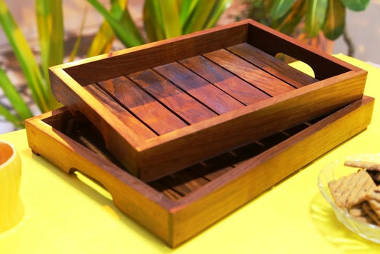 Handcrafted Brown Rectangular Wooden Serving Tray Set
