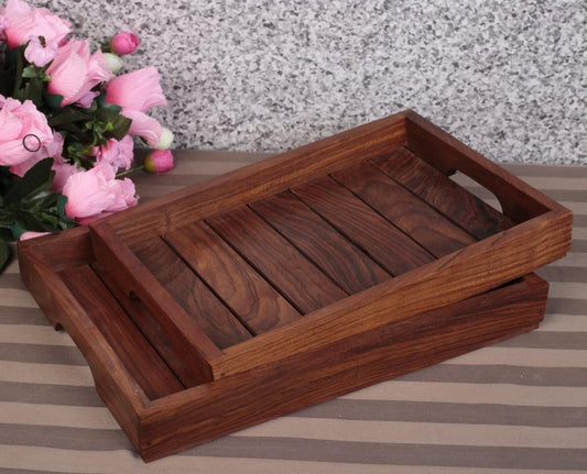Handcrafted Brown Rectangular Wooden Serving Tray Set