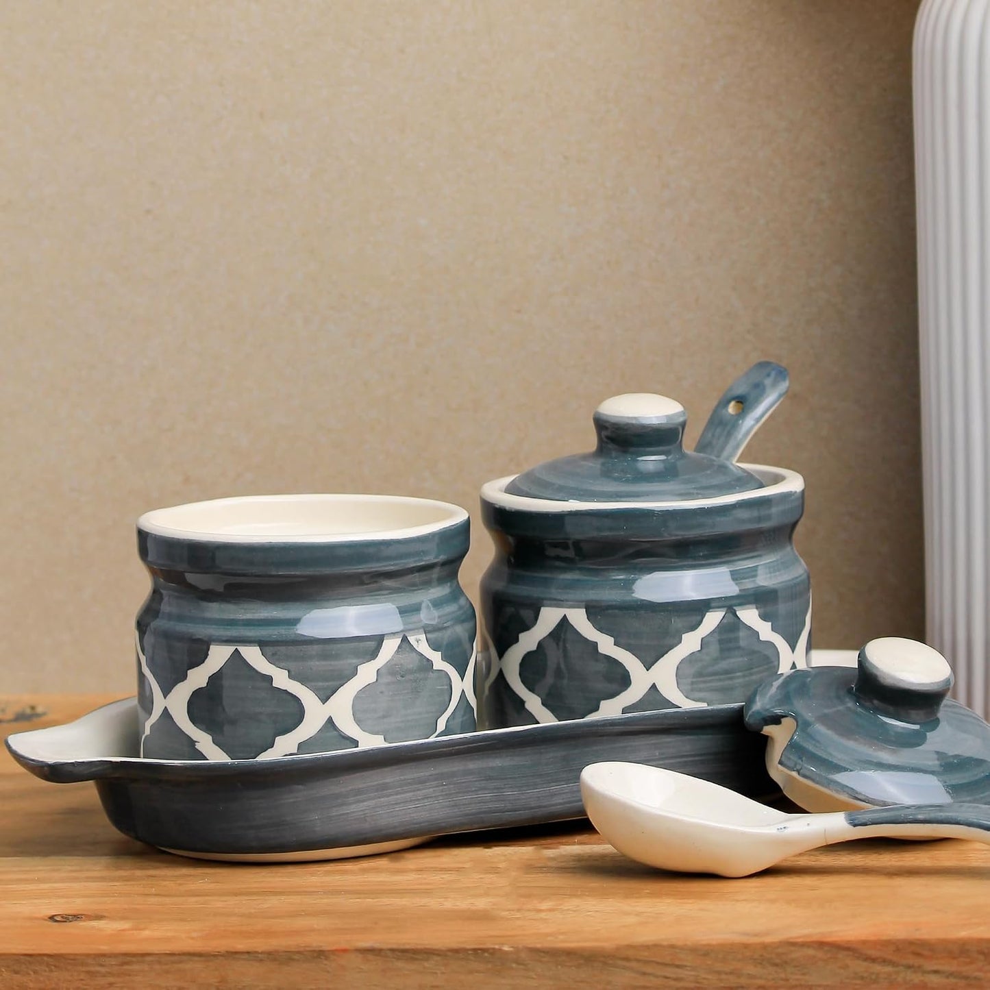 Handcrafted Ceramic Pickle Jar-barni with Lid Moraccan Blue and Grey-ArtyCraftz.com