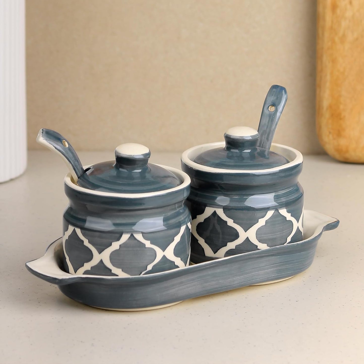 Handcrafted Ceramic Pickle Jar-barni with Lid Moraccan Blue and Grey-ArtyCraftz.com